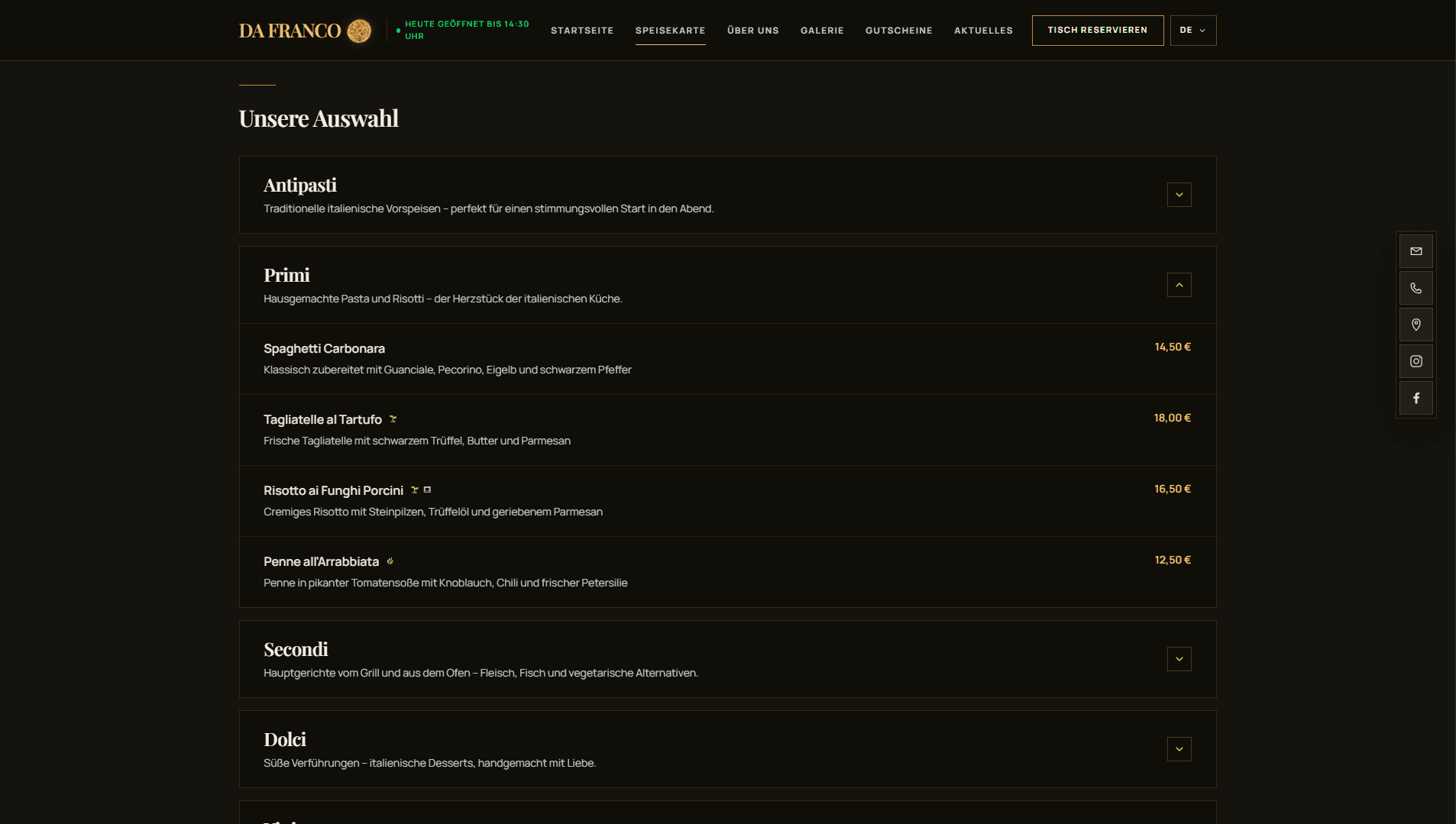 Screenshot of the DA FRANCO demo concept: menu with expandable categories on a dark background.