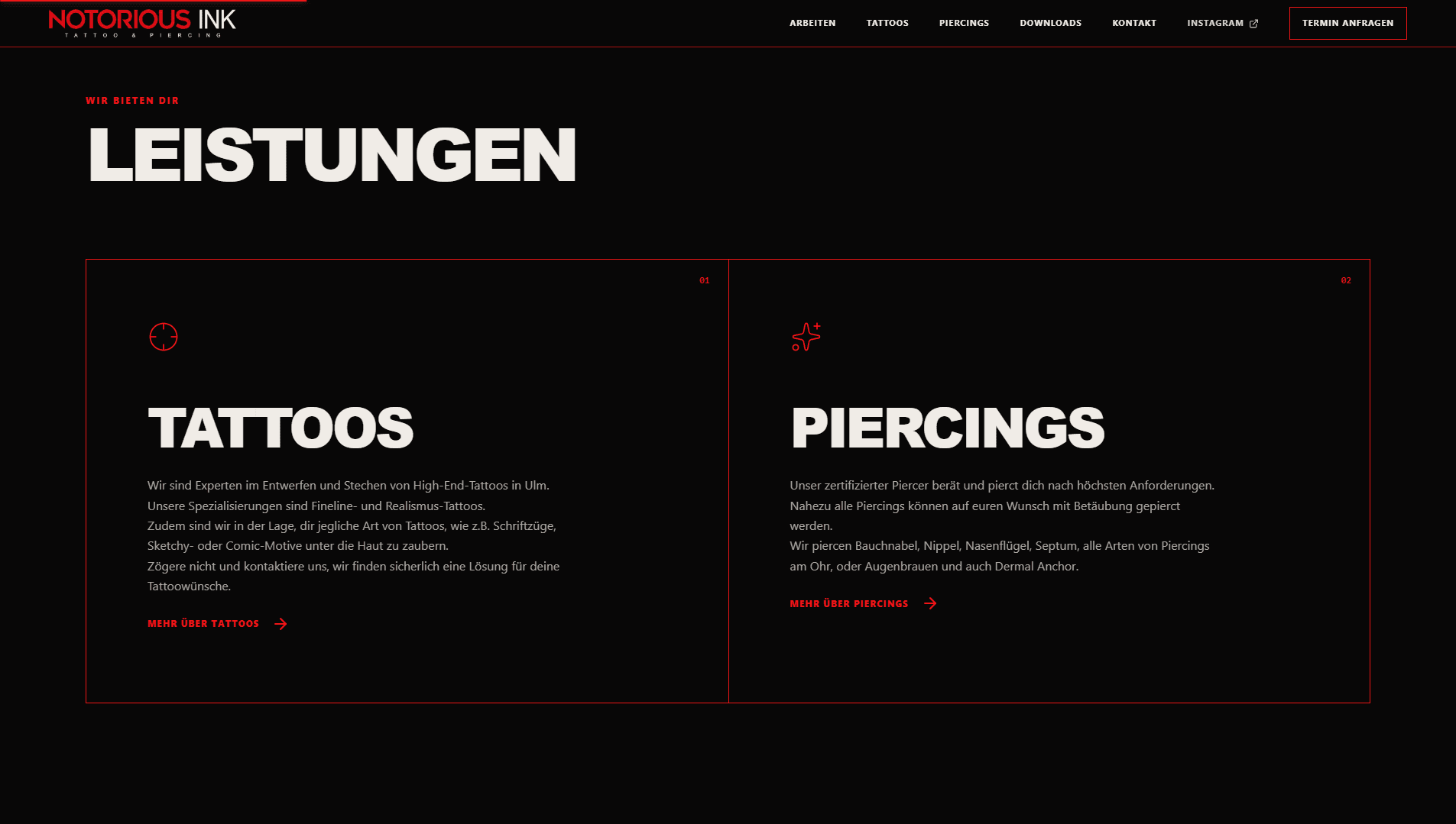Screenshot of the Notorious Ink demo concept: services page with two sections for tattoos and piercings, outlined in red.