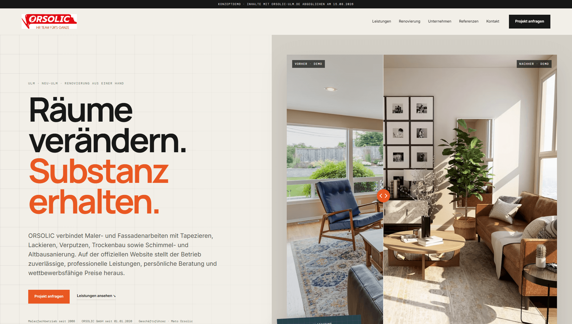 Screenshot of the ORSOLIC demo concept: light home page with a large black and orange headline and a before/after comparison of a renovated living room.