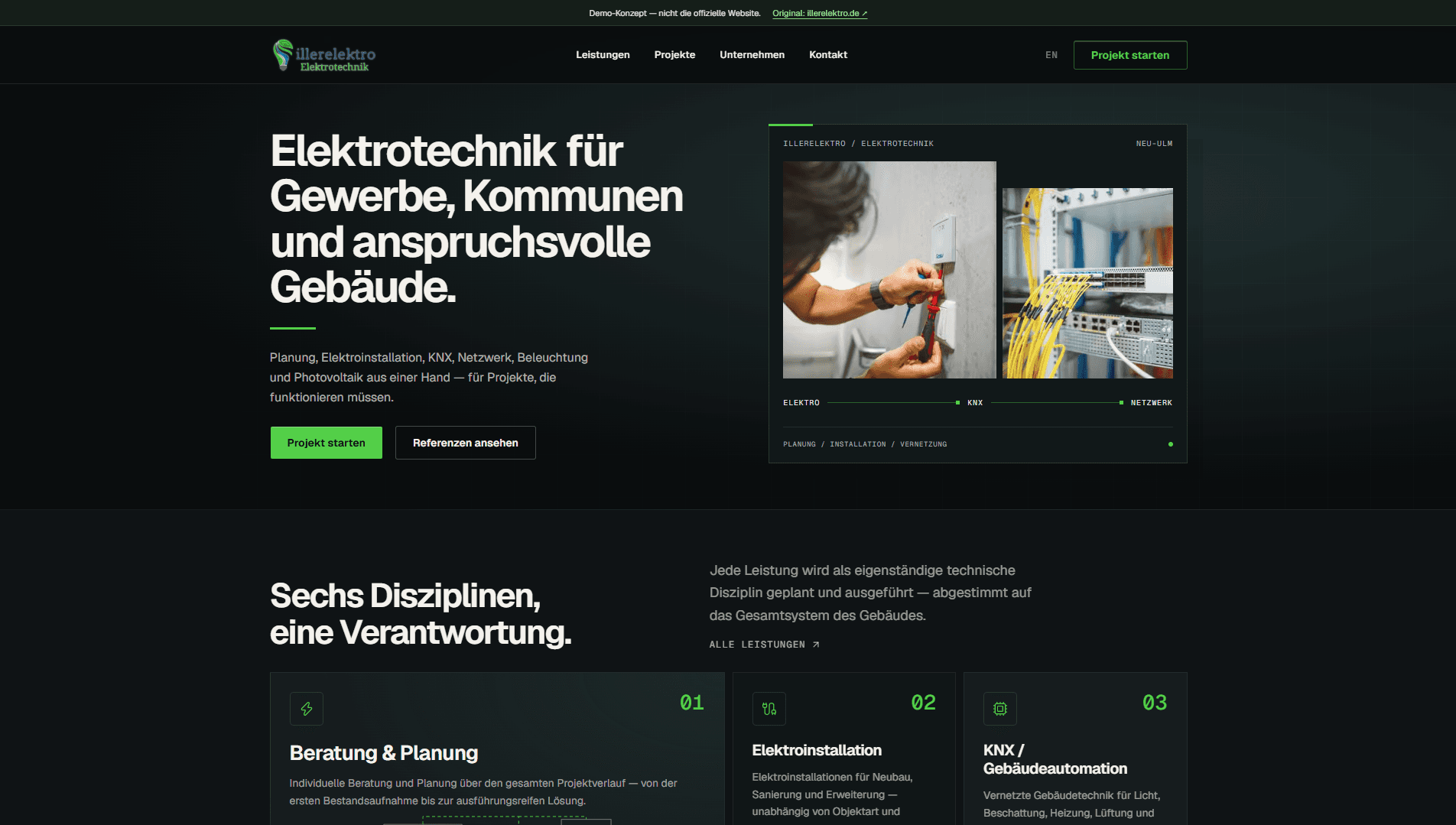 Screenshot des Demo-Konzepts Illerelektro: dunkle Startseite mit großer Überschrift zur Elektrotechnik, grünem Anfrage-Button und Fotos von Elektroinstallation und Netzwerktechnik.